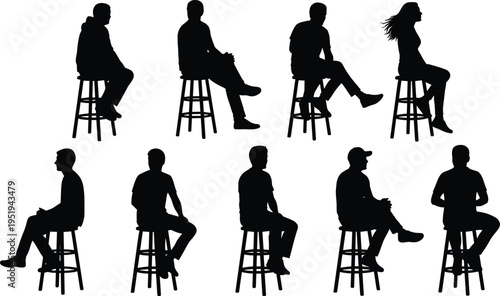   
Silhouettes of seated people, stool sitting poses illustration, diverse human postures vector design, body language icons collection art