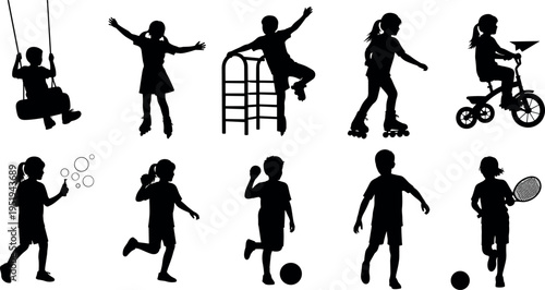 Silhouettes of children playing outdoors, swinging, cycling, roller skating, running, sports activities, fun recreation, exercise, social interaction vector art
