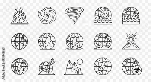 Collection of Earth in distress line art icons depicting various environmental disasters.