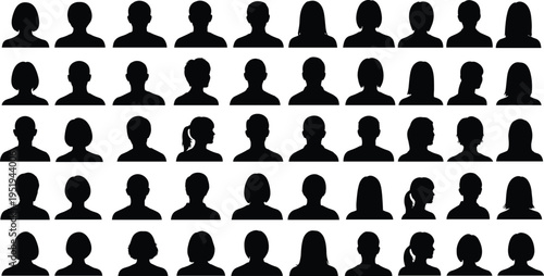 Silhouette collection of diverse human heads and shoulders, hairstyles, profiles, frontal views, vector illustration for design, cataloging, classification, SEO optimization