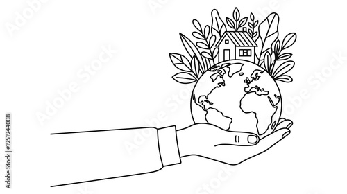Hands holding earth globe with house and plants line art illustration