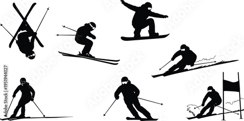Winter sports silhouette vector illustration featuring skiing and snowboarding, dynamic motion, freestyle tricks, downhill racing, alpine activity, outdoor adventure, fitness