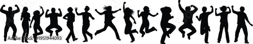 Jumping and dancing silhouettes, energetic poses, celebration, expressive movement, diverse human gestures, festive illustration, vector art resource