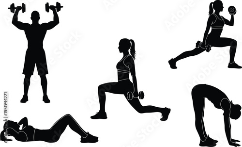 Fitness silhouettes of people exercising, dumbbell lifts, lunges, crunches, stretches, strength training, workout routine vector illustration design