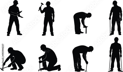 Silhouettes of construction workers performing tasks, industrial labor poses, safety gear concept, teamwork activity, black vector illustration, design elements