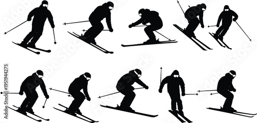 Silhouettes of skier performing jump sequence, winter sports technique, dynamic motion progression, athletic performance concept, black vector illustration, design elements