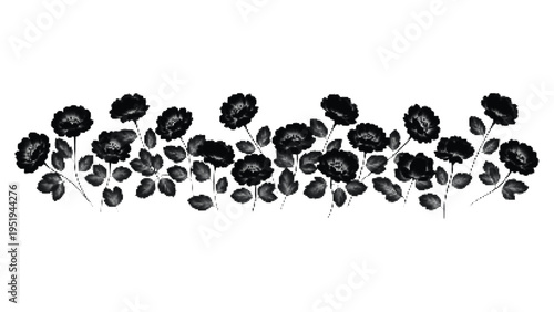 Black roses embroidery, floral border, vintage style, digital illustration, romantic design, garden flowers, detailed pattern, wedding or greeting card