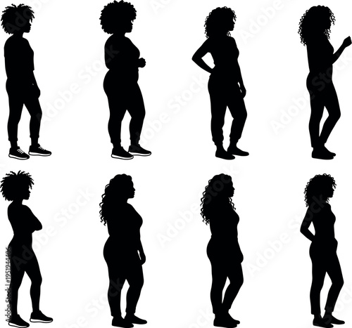 Silhouette vector illustration of diverse human figures with curly hair, varied postures and body types, inclusive design collection