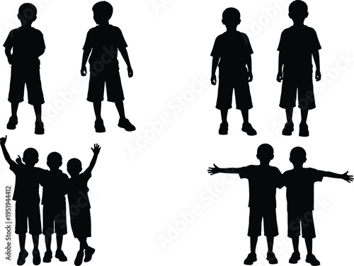 Children silhouettes in groups, standing side by side, cheering, welcoming gestures, playful social interaction vector illustration design