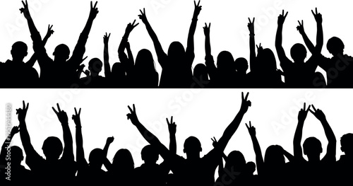  Silhouettes of crowds with raised arms, celebrating, protesting, showing unity, excitement, energy, public gatherings, dynamic human expressions