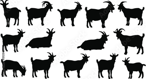 Silhouette collection of goats in varied poses, standing, lying down, grazing, horn variations