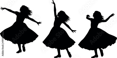 Silhouettes of dancers in flowing dresses, expressive poses, graceful movement, rhythm, artistry, emotion, arranged against white background