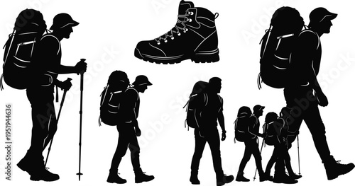 Silhouette collection of hikers with backpacks, trekking poles, hiking boot, outdoor activity, vector illustration for design, cataloging, classification, SEO optimization