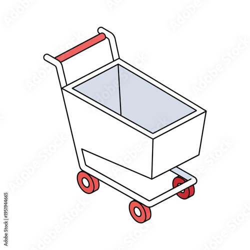 Isometric illustration of an empty shopping cart with red wheels and handle, ready for use.