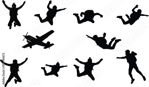 Silhouettes of skydivers in freefall positions with airplane above, extreme sport, adventure, dynamic motion, skydiving vector illustration art