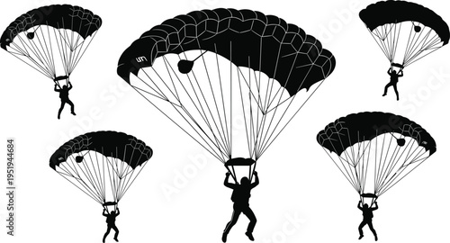 Silhouette collection of parachutists descending, open parachutes, group jump formation, vector illustration for design, cataloging, classification, SEO optimization
