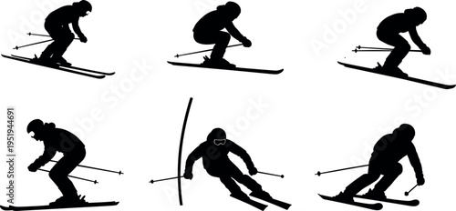 Silhouettes of skiers in dynamic alpine poses, showing slalom racing, technique, movement, winter sports, speed, and athleticism