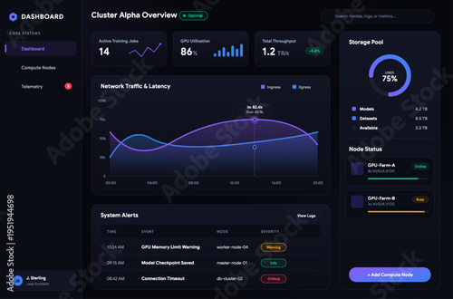 AI cluster dashboard UI with GPU monitoring, network latency, throughput, and storage analytics. Dark mode interface for machine learning infrastructure, DevOps systems, and cloud computing platforms.