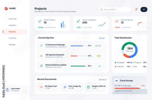 Project management dashboard UI displaying active projects, completed tasks, pending issues, sprint progress, task distribution charts, and recent documents. Modern web interface for tracking team.