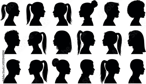 Silhouette vector illustration of diverse human head profiles with unique hairstyles, male and female variations, fashion identity, creative design concept