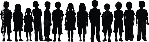 Silhouettes of twelve children standing in a row, casual clothing illustration for education, diversity, community, childhood, design concept