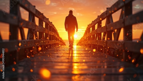 Man walks on wooden bridge at sunset. Golden hour light reflects on water. Peaceful scene, lone figure moves towards warm horizon. Hopeful journey begins.