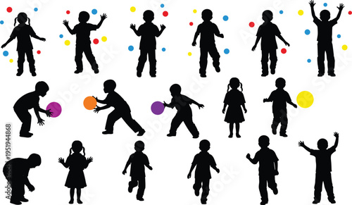 Children silhouettes playing with colorful balls and confetti, joyful movement, vector illustration for design, artwork, recreation themes