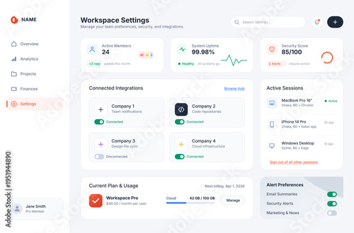 Workspace settings dashboard UI showing active members, system uptime, security score, connected integrations, active sessions, and usage plan. Modern admin interface managing workspace configuration