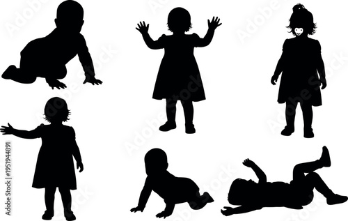 Silhouettes of toddlers crawling, standing, walking, lying down, playful childhood poses, early development, educational illustration, child growth vector art