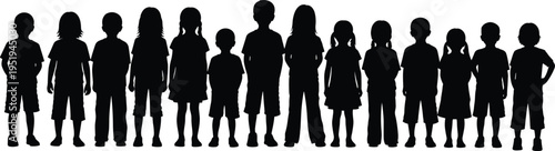 Children silhouettes standing in row, diverse group of kids, educational demographic concept, classroom unity, child development illustration, population diversity