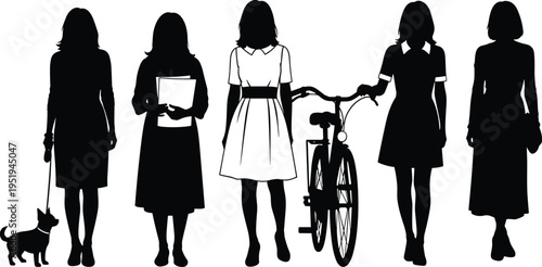Silhouette collection of women in varied poses, walking, standing, holding dog leash, bicycle, book, vector illustration for design, cataloging, classification, SEO optimization