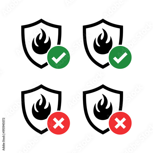 Fire-resistant and heat protection icon collection, shield with fire symbol, safety verification checkmark, warning cross, and temperature resistance concept vector