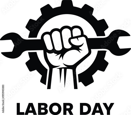 Labor day celebration with fist holding wrench and gear symbol