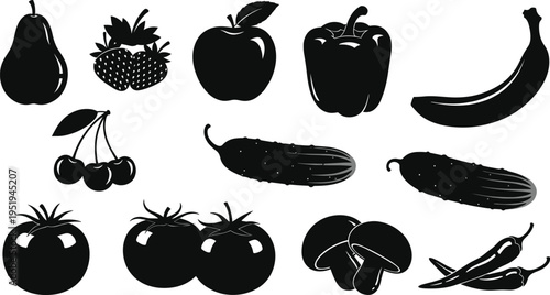 Fruit and vegetable silhouettes illustration, produce icons vector design, healthy food art, dietary nutrition collection, organic shapes