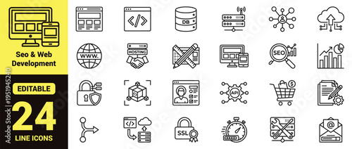 SEO and Web Development Line Icons Set with Hosting, Database, Cloud Computing, API Integration, SSL Security, Analytics, Coding, Network Technology Vector Illustration