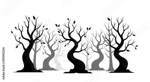 Minimalist silhouette of spooky crooked trees in a misty forest