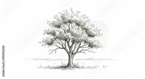 Hand drawn pencil sketch of a solitary tree in a minimalist landscape