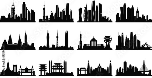 Silhouettes of diverse city skylines, vector illustration showing iconic landmarks, urban architecture, cultural structures for creative, artistic, and educational use