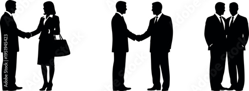 Vector illustration of business people silhouettes in pairs, shaking hands and standing together, representing workplace interaction and professional relationships
