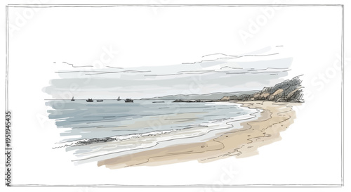 Hand drawn sketch of a serene coastal landscape with boats on the water.