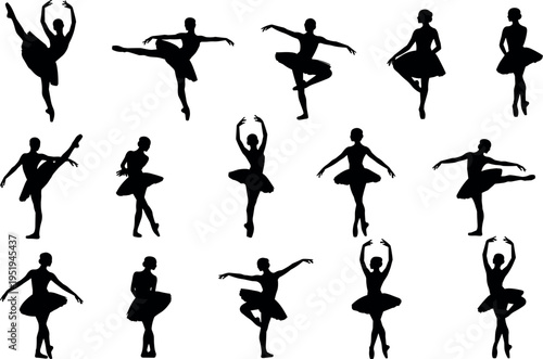 Silhouette icons of ballet dancers, classical positions, arabesques, pirouettes, pliés, elegant movement, graceful posture, artistic performance vector illustration design