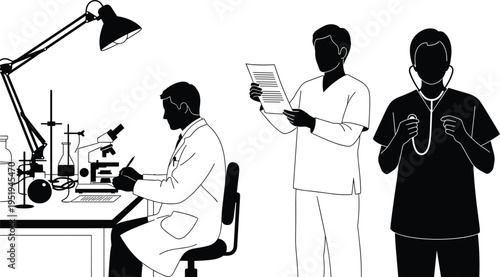 Medical and scientific professionals working together, laboratory research, healthcare staff, doctor with stethoscope, modern science and medicine vector illustration