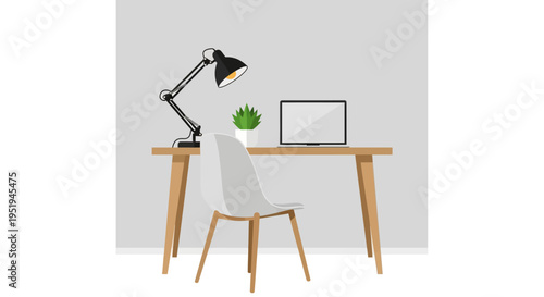 Modern home office desk with lamp, laptop, and chair.