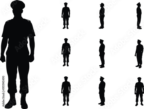 Silhouettes of uniformed person in multiple poses, police or military figure illustration for authority, service, character modeling, posture recognition concept