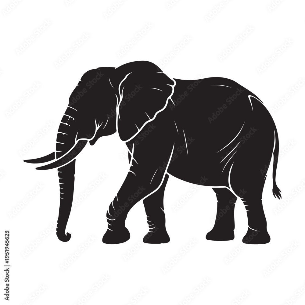 Obraz premium Elephant Silhouette Front View Black and White Vector Illustration