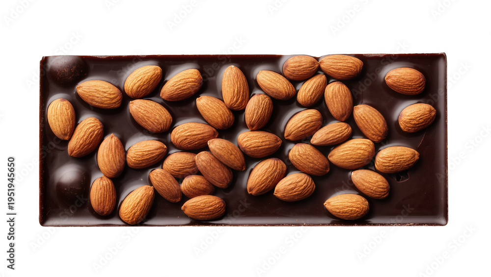 Obraz premium Delicious dark chocolate bar generously topped with whole roasted almonds, a gourmet sweet treat isolated on a clean background
