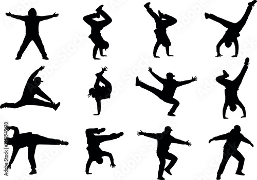 Silhouette icons of dancers, hip-hop breakdance poses, energetic jumps, handstands, expressive choreography, physical agility vector illustration design
