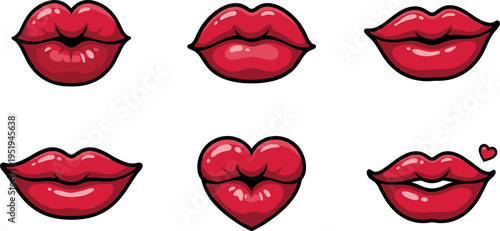 cartoon lips icon set, vector collection of female mouth expressions with lipstick kiss smile and heart shape isolated on transparent background