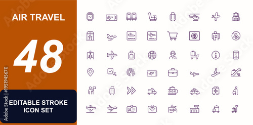 Air Travel Vector Icon Set, Adjustable Line Style Icons of Plane Window, Luggage, Boarding Pass, Airport Seats, Jet, Helicopter, Seatbelt, Backpack, Transit Symbols, Flight Illustration
