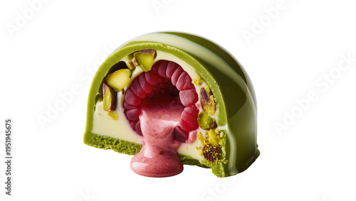 Schilderij op canvas Gourmet pistachio and raspberry dessert, cut in half with luscious red filling o